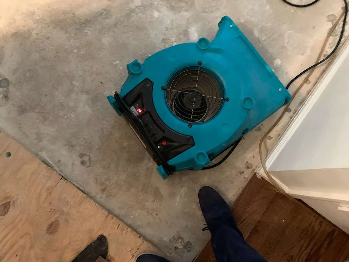Air mover drying subfloor during Commercial Water Damage Restoration in Warminster